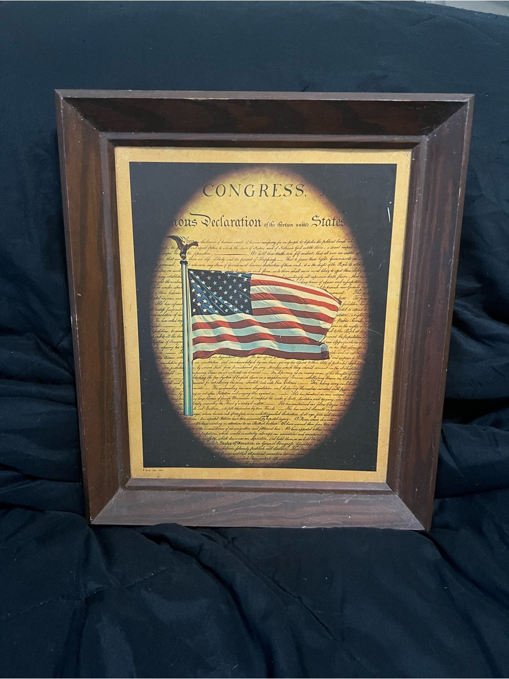 1970s Vintage Framed American Flag Print in Brown Frame